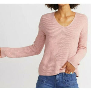 MARINE LAYER Elisa Ribbed V Neck Sweater Pullover Pink Boxy Crop